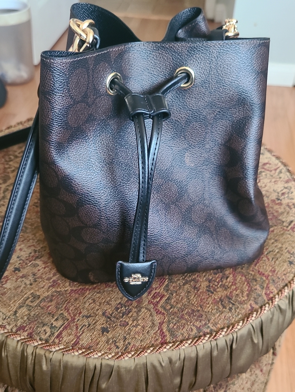 Coach Brown Signature Rowan Drawstring Bucket Crossbody with Black Trim